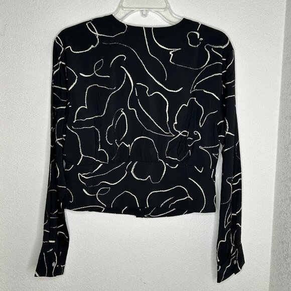 Madewell Blouse Womens M Lusterweave Black Abstract Button Front Cropped Top - Picture 3 of 15